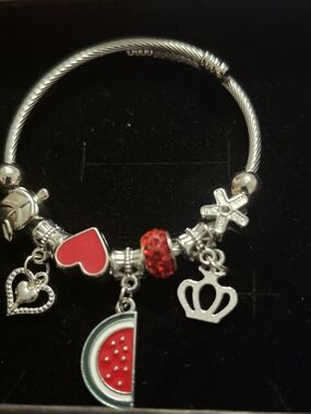 Silver Charm Bracelet with Red Heart & Watermelon Charms